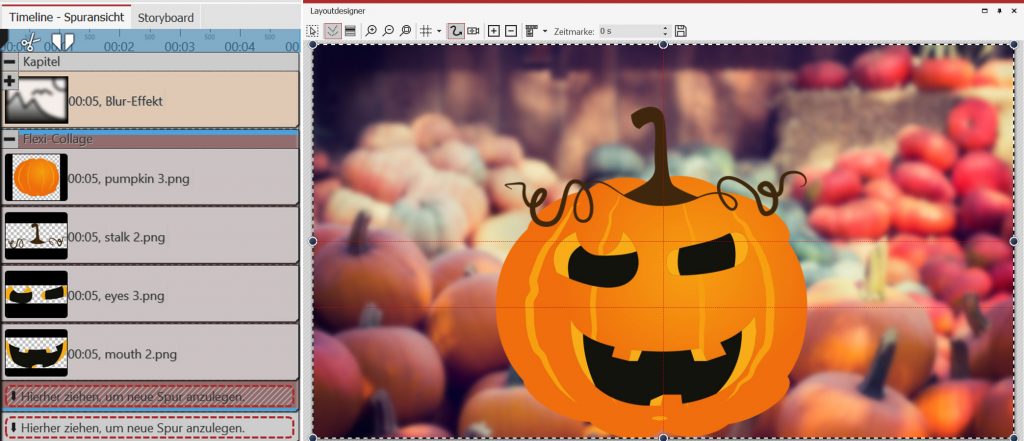 Sie sieht der Aufbau des Kürbisgesichtes in der Timeline aus, daneben das Ergebnis im Layoutdesigner