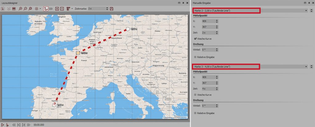 Stopp für Routenanimation: Im Layoutdesigner liegen bei Paris zwei Marken übereinander. Rechts die Werte der beiden Marken.