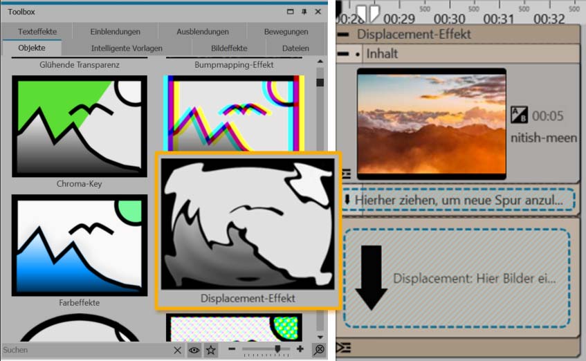 Der Displacement-Effekt in der Toolbox und in der Timeline