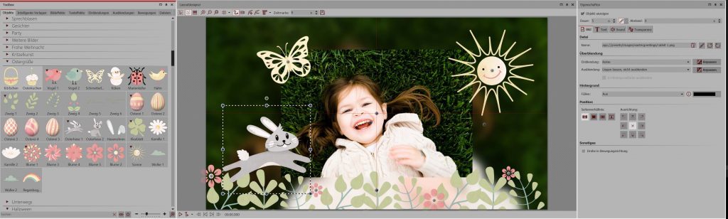 Screenshot mit Foto und Deko-Elemente aus Erweiterungspaket "Ostergrüße"