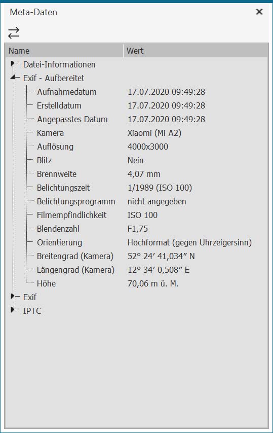 Ansicht der Meta-Daten von Smartphone