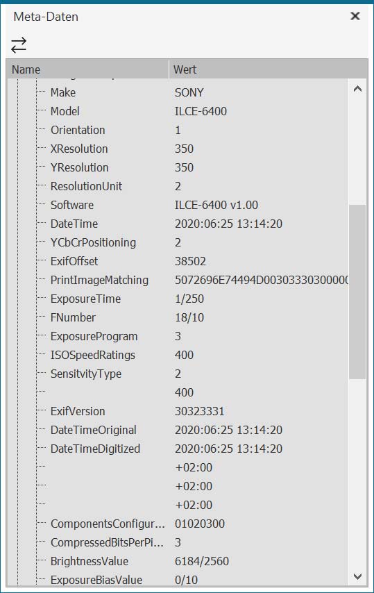 Exif-Daten eines Sony-Kamera-Fotos