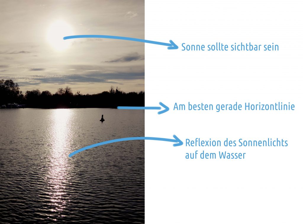 Foto mit Sonne und Reflexion auf der Wasseroberfläche