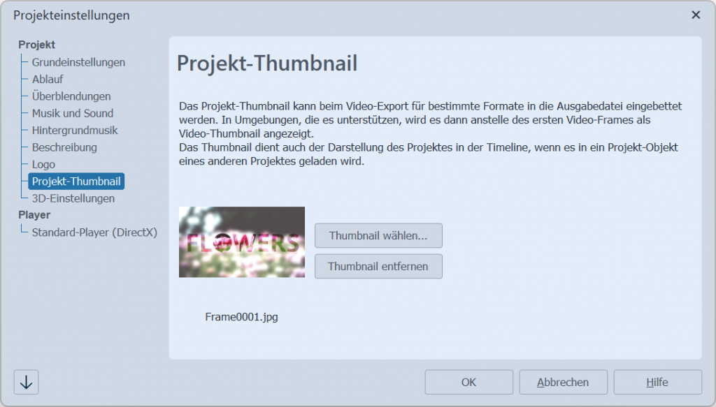 Thumbnail für Video in Projekteinstellung festgelegt