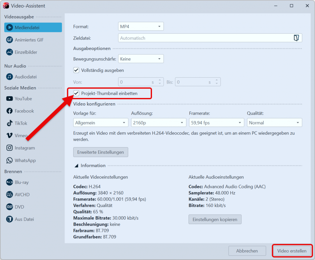 Thumbnail für Videoexport aktivieren