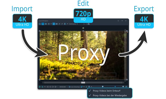 Proxy-Schnitt ist Videoschnitt mit Platzhaltervideos in geringerer Qualität für schnelleres Arbeiten.