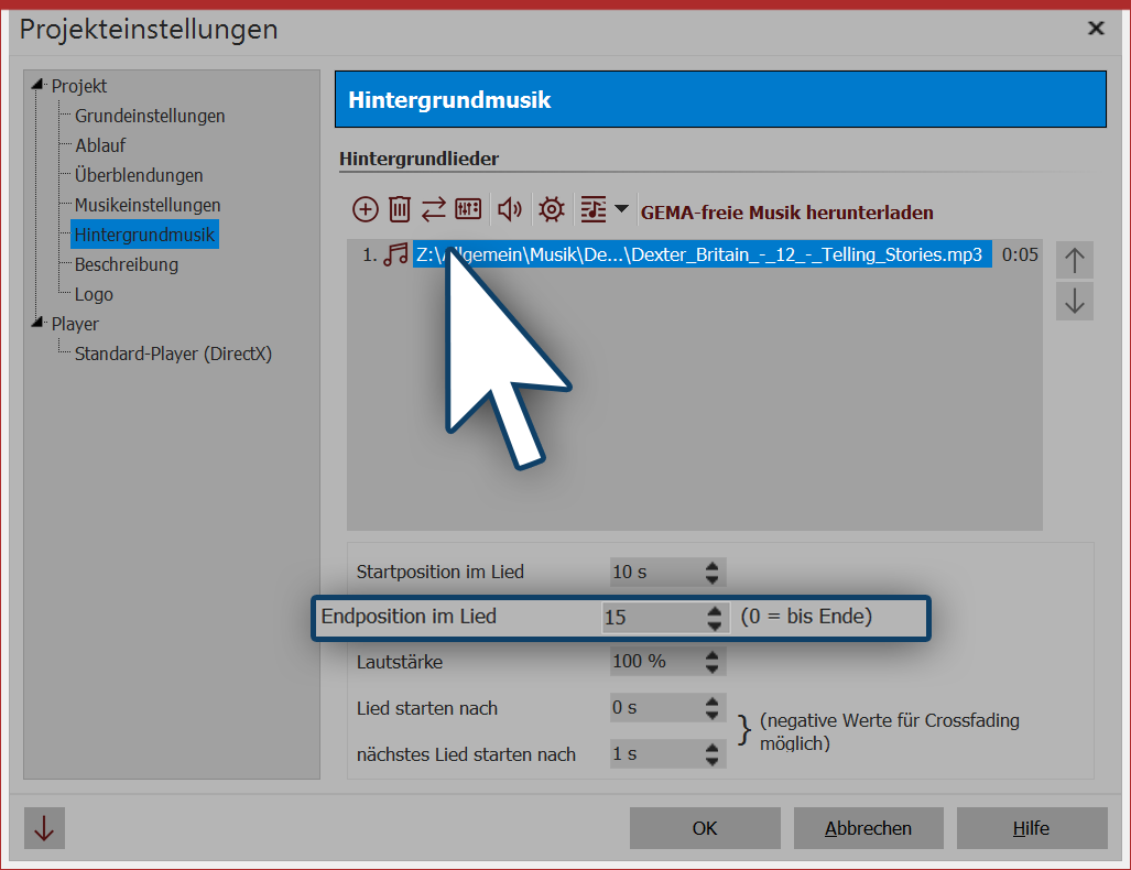 Endposition des Titels festlegen