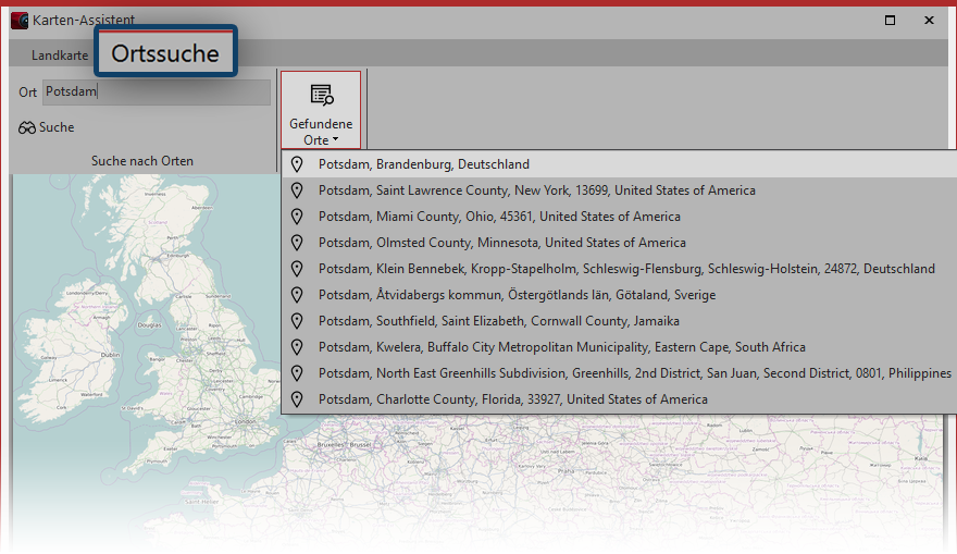 Suche im Kartenassistent