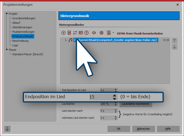 Endposition des Titels festlegen Endposition des Titels festlegen