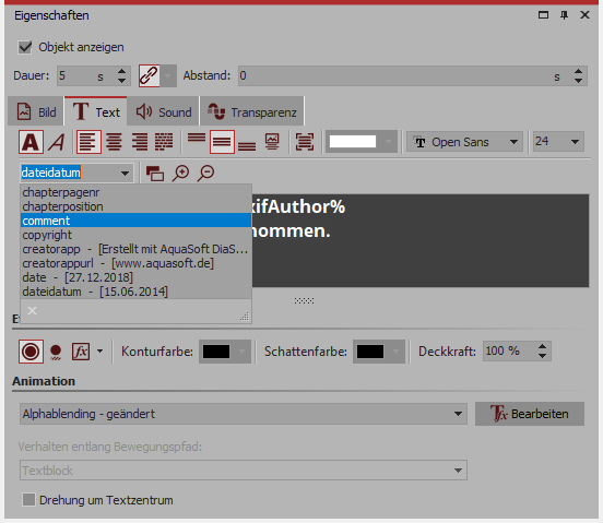 Variablen in Textfeld einfügen