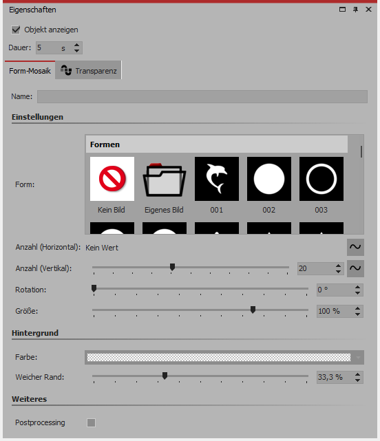 Einstellungen für Form-Mosaik-Effekt