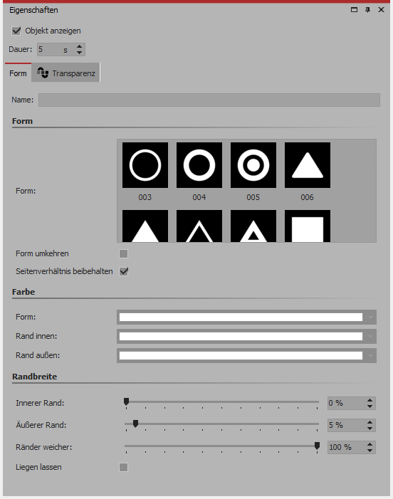 Einstellungen für Spezielle Form