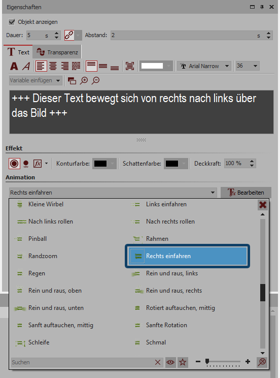 Text-Eigenschaften mit Animation "Rechts einfahren"