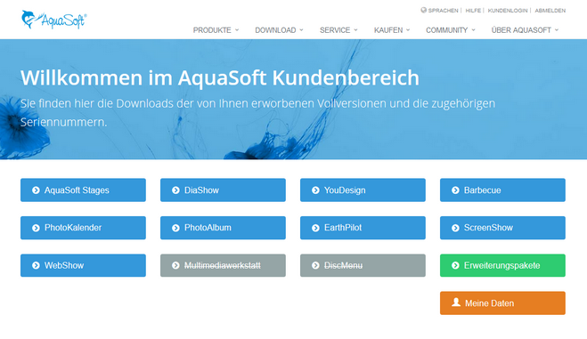 Ansicht des Kundenlogins unter www.aquasoft.de/account/customer-area