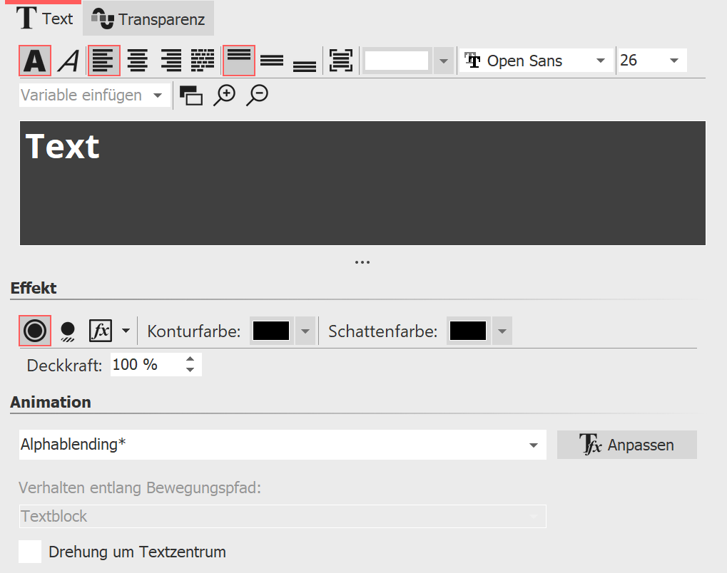 Eigenschaften für Text-Objekt