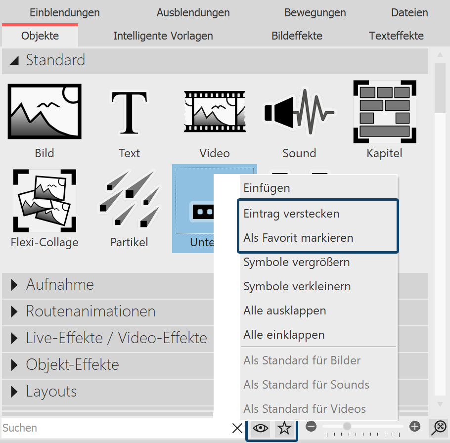 Toolbox-Elemente verstecken/als Favorit setzen