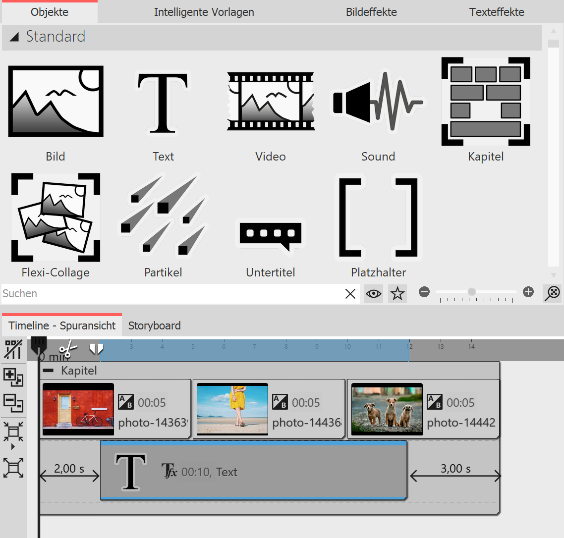 Text-Objekt in Spur unter Bilder ziehen