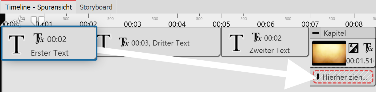 Erstes Text-Objekt in Spur unter Bild ziehen