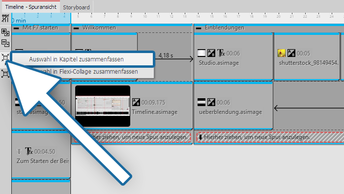 Markierte Objekte in Kapitel zusammenfassen