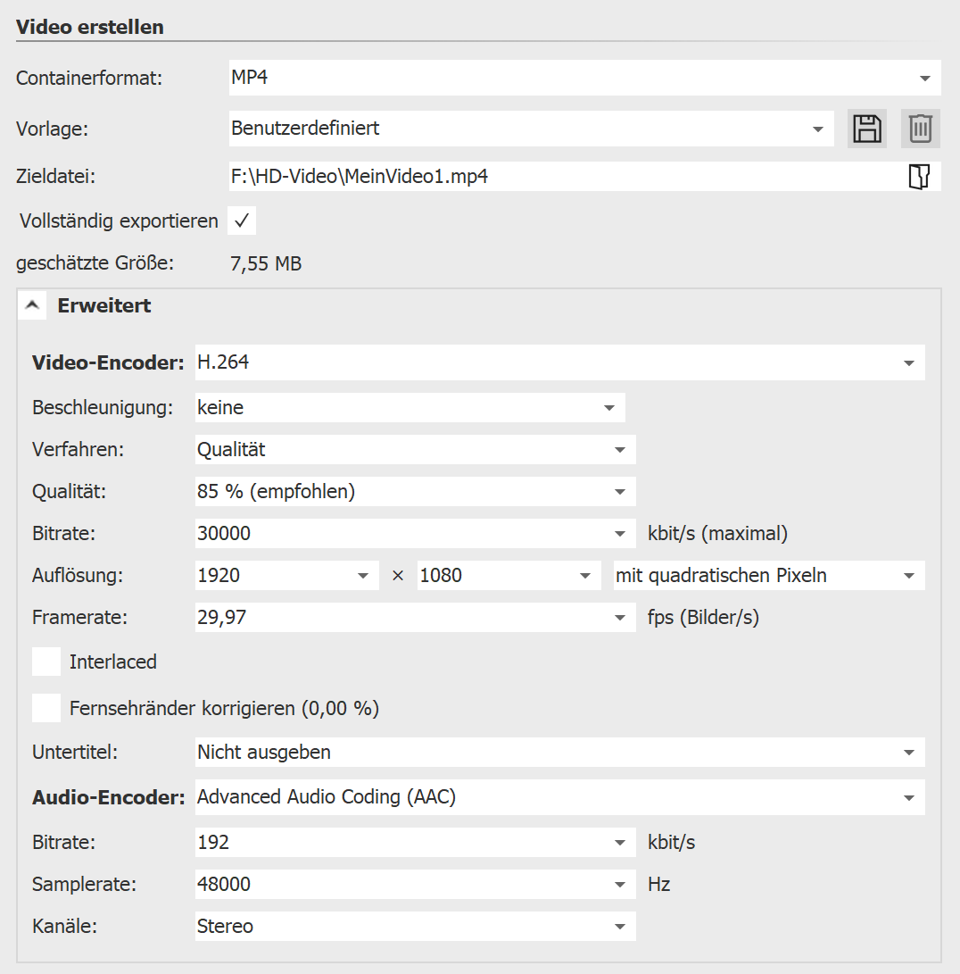 Video-Assistent mit erweiterten Einstellungen