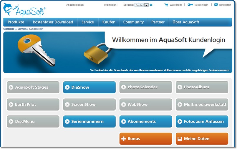 Ansicht des Kundenlogin unter login.aquasoft.de