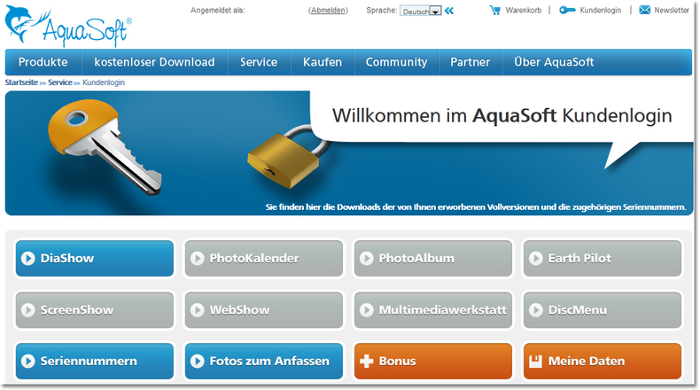 Ansicht des Kundenlogin unter login.aquasoft.de