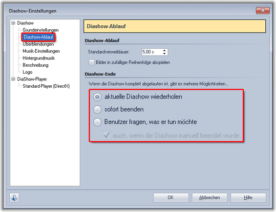 Einstellungen zum Diashow-Ende