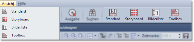 Auswahl der Ansichten im Menü und in der Toolbar