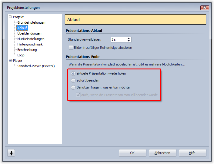 Einstellungen zum Präsentations-Ende