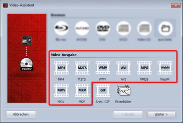 Mögliche Videoformate im Video-Assistenten