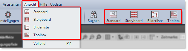 Auswahl der Ansichten im Menü und in der Toolbar