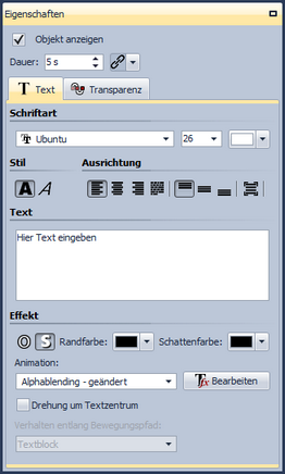 Eigenschaften für Text-Objekt