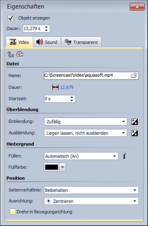 Eigenschaften für Video-Objekt