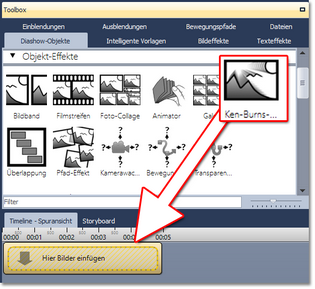 Effekt aus der Toolbox in die Timeline ziehen
