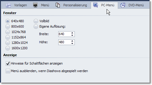 Einstellungen, PC-Menü