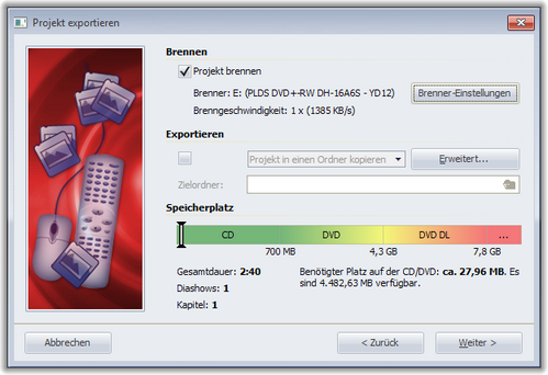 Exportwizard, Seite 2, PC-Menü, nur brennen
