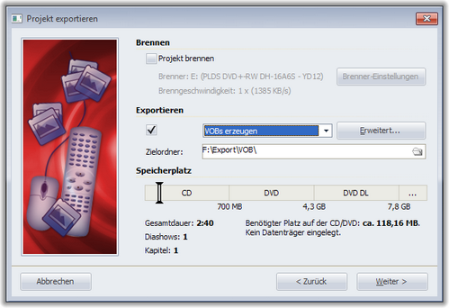 Exportwizard, Seite 2, DVD-Menü, nur VOB-Export