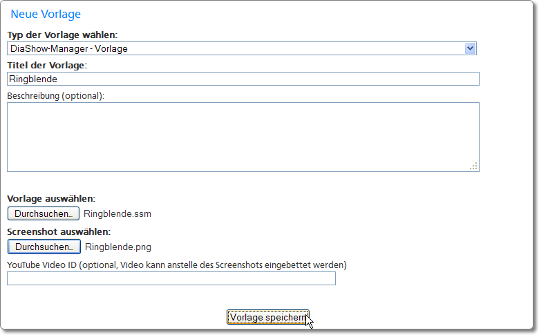 Eingabemaske Vorlagenupload