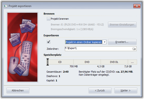 Exportwizard, Seite 2, PC-Menü, nur Ordnerexport