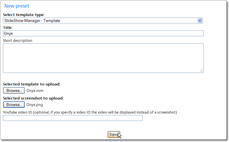 Eingabemaske Vorlagenupload