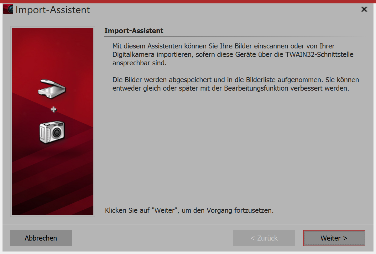 Startdialog im Import-Assistent