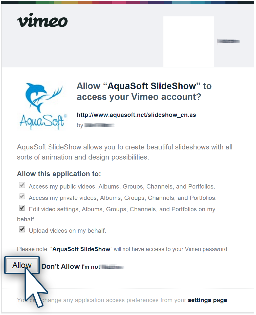 Vimeo Zugriff erlauben