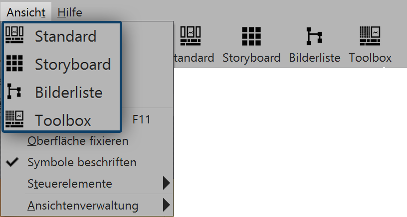Auswahl der Ansichten im Menü und in der Toolbar