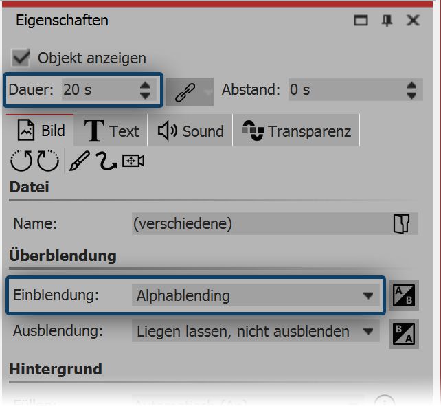 Einstellungen für Bilder innerhalb des Galerie-Effektes