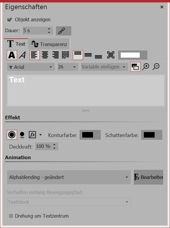 Eigenschaften für Text-Objekt