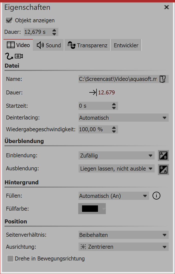 Eigenschaften für Video-Objekt