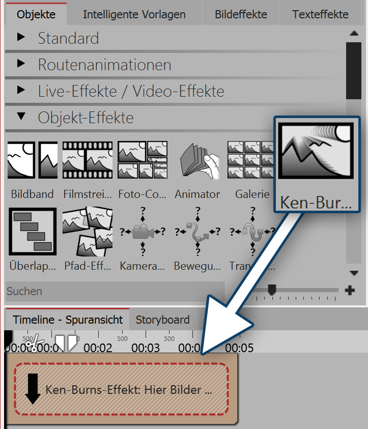 Effekt aus der Toolbox in die Timeline ziehen