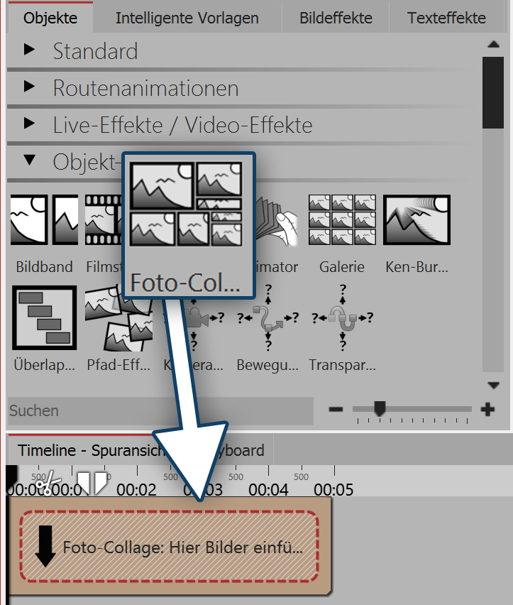 Foto-Collage aus Toolbox in Timeline ziehen
