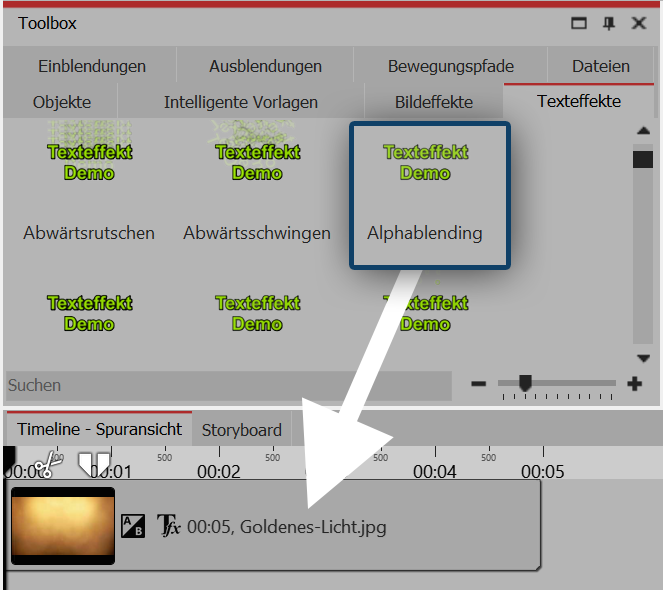Texteffekt auf Bild in der Timeline oder im Layoutdesigner ziehen