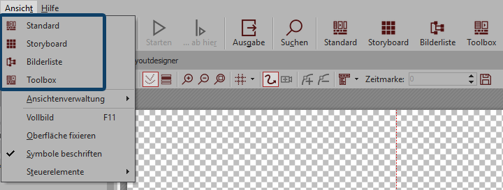 Auswahl der Ansichten im Menü und in der Toolbar